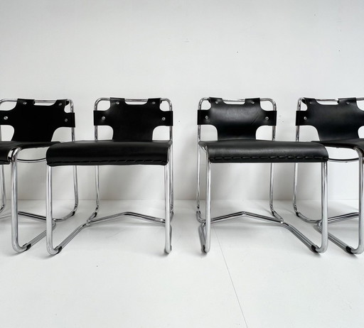 Set Black Leather Midcentury Designer Chairs (4) From Italy, 1970'S