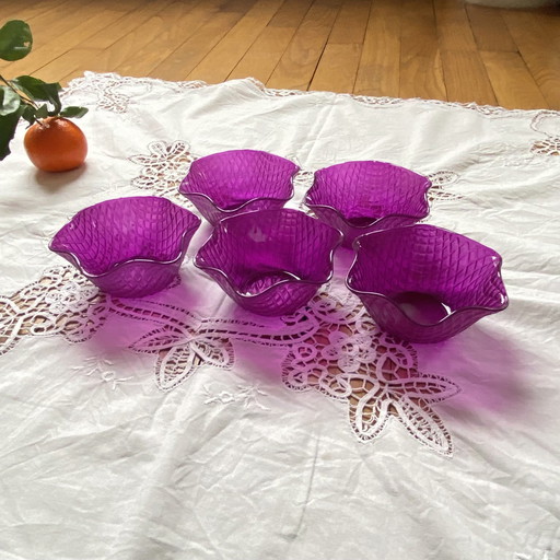 Set Of 5 Purple Colored Glass Bowls Bormioli Rocco Italy