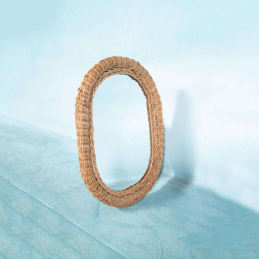 Specchio da parete vintage bohémien anni '70 in vimini intrecciato