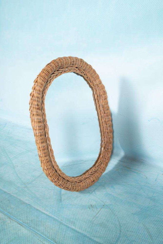 Image 1 of Vintage bohemian 1970s wall mirror woven wicker