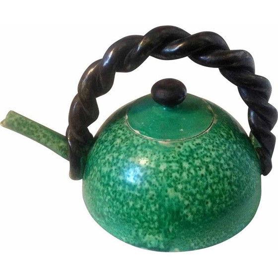 Image 1 of Vintage Cerenne green glazed terra cotta teapot, 1940-1950
