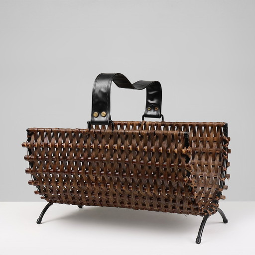  Mid-Century French Sculptural Woven Magazine Holder In Metal And Rattan, 1960S