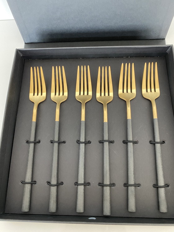 Image 1 of 6X Wilffert & Wilffert 24K Gold Plated Forks With Black Resin Handle