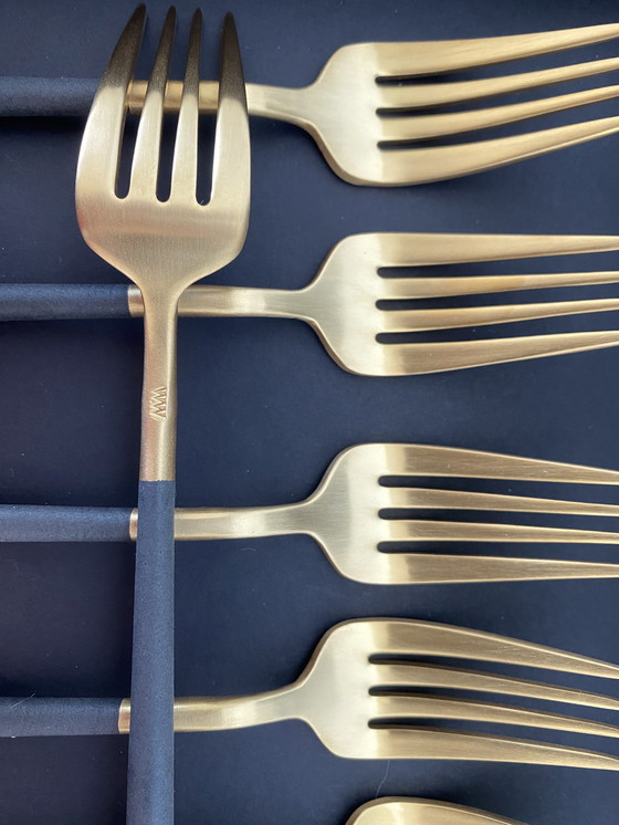 Image 1 of 6X Wilffert & Wilffert 24K Gold Plated Forks With Black Resin Handle