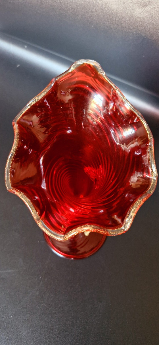 Image 1 of 60'S Murano Glass Cornucopia Vase With Gold Leaves 