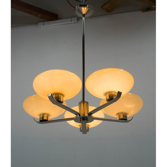 Image 1 of Vintage chandelier, Art Deco in nickel and glass with 5 flames, 1930