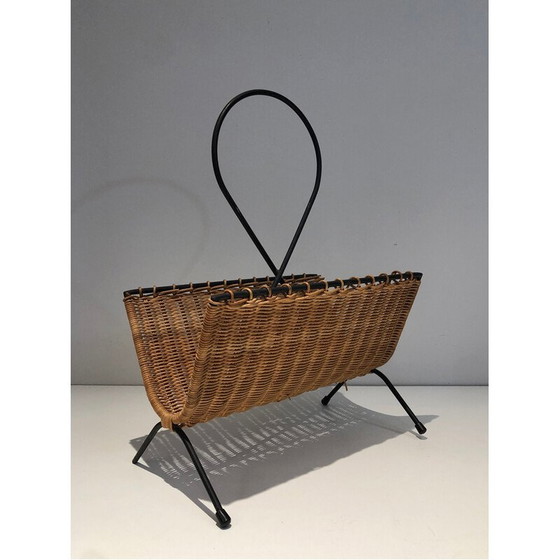 Image 1 of Vintage magazine rack in rattan and black lacquered metal, 1950