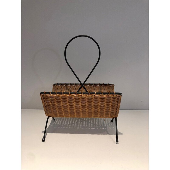 Image 1 of Vintage magazine rack in rattan and black lacquered metal, 1950
