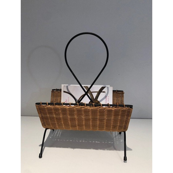 Image 1 of Vintage magazine rack in rattan and black lacquered metal, 1950