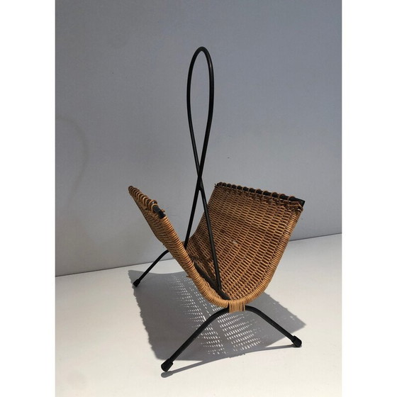 Image 1 of Vintage magazine rack in rattan and black lacquered metal, 1950