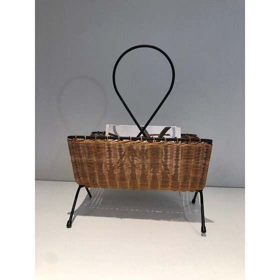 Image 1 of Vintage magazine rack in rattan and black lacquered metal, 1950