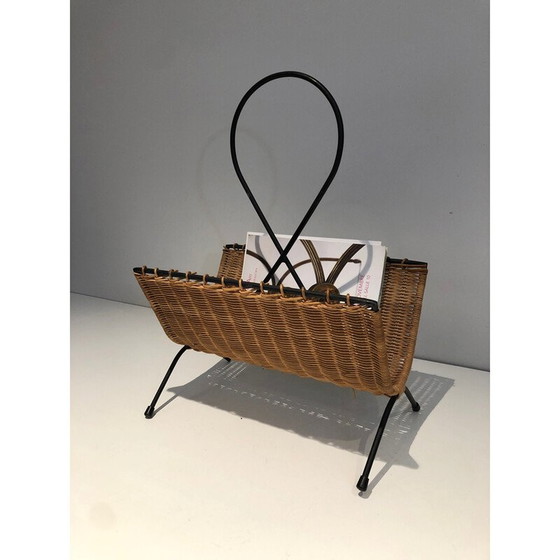 Image 1 of Vintage magazine rack in rattan and black lacquered metal, 1950