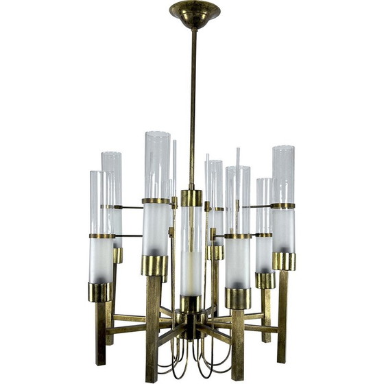 Image 1 of Vintage brass and glass chandelier for Sciolari, Italy 1960