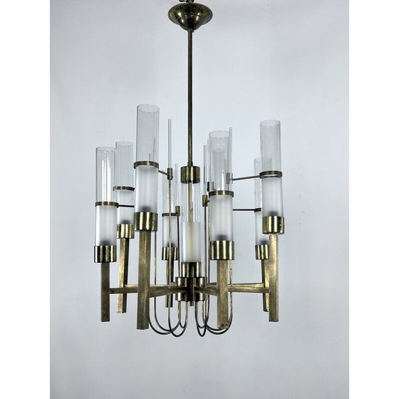 Image 1 of Vintage brass and glass chandelier for Sciolari, Italy 1960