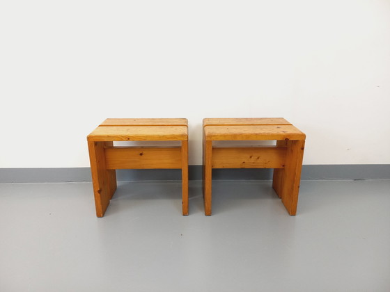 Image 1 of Paire De Tabourets Charlotte Perriand Les Arcs Vintage En Pin Des Années 60 70