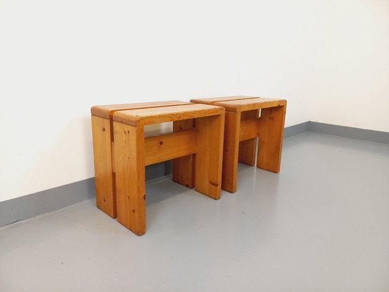 Image 1 of Paire De Tabourets Charlotte Perriand Les Arcs Vintage En Pin Des Années 60 70