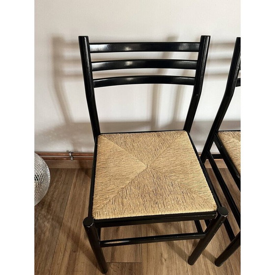 Image 1 of Set di 4 sedie vintage in legno laccato nero e corda, Italia 1970