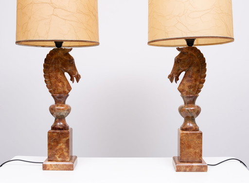 Large Horse Heads Carved From Alabaster Table Lamps