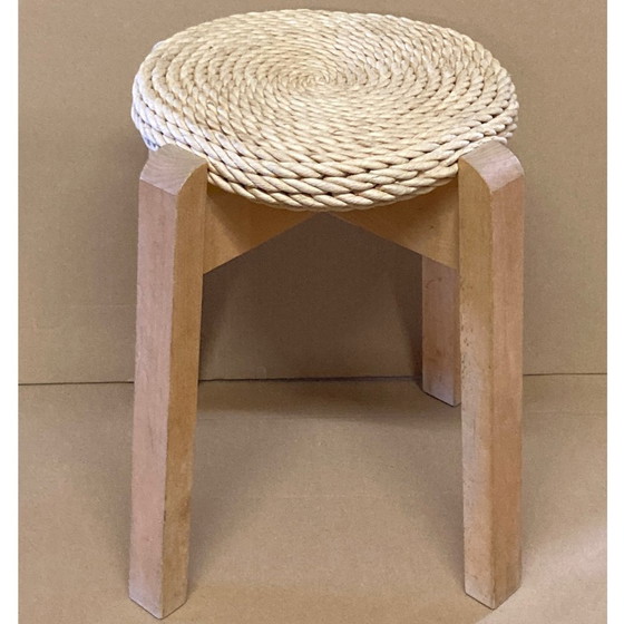 Image 1 of Midcentury Scandinavian Pine Rope Rush Stool