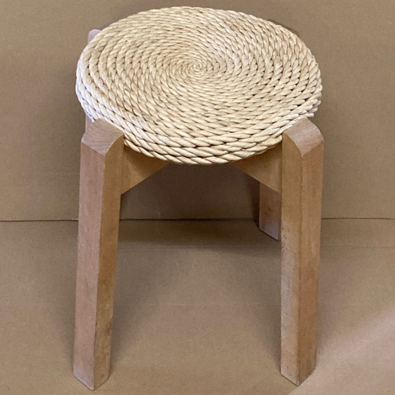 Image 1 of Midcentury Scandinavian Pine Rope Rush Stool