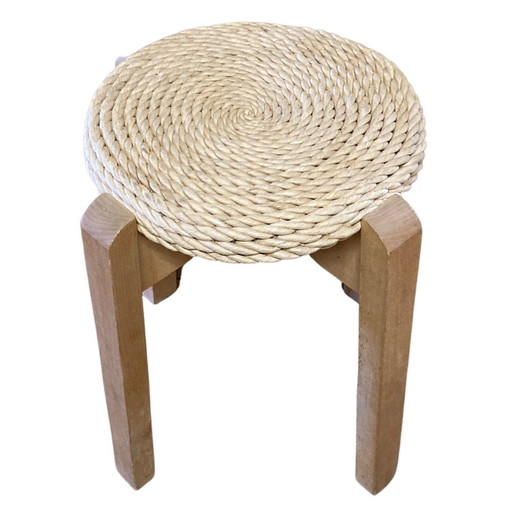 Midcentury Scandinavian Pine Rope Rush Stool