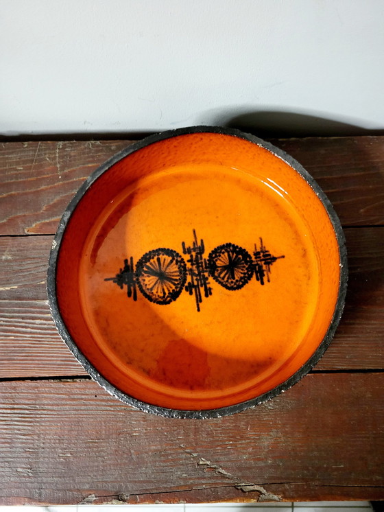 Image 1 of Fat lava bowl ceramic, orange and black glazed, signed at the bottom, 1950s