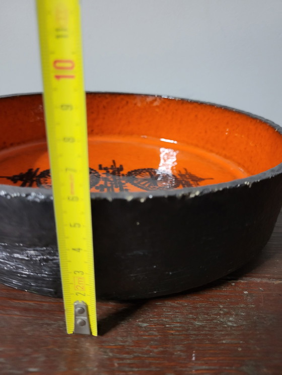 Image 1 of Fat lava bowl ceramic, orange and black glazed, signed at the bottom, 1950s