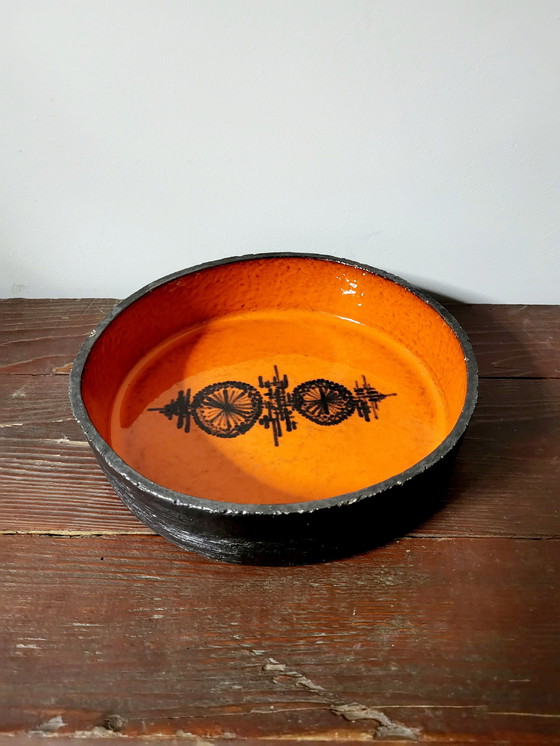 Image 1 of Fat lava bowl ceramic, orange and black glazed, signed at the bottom, 1950s