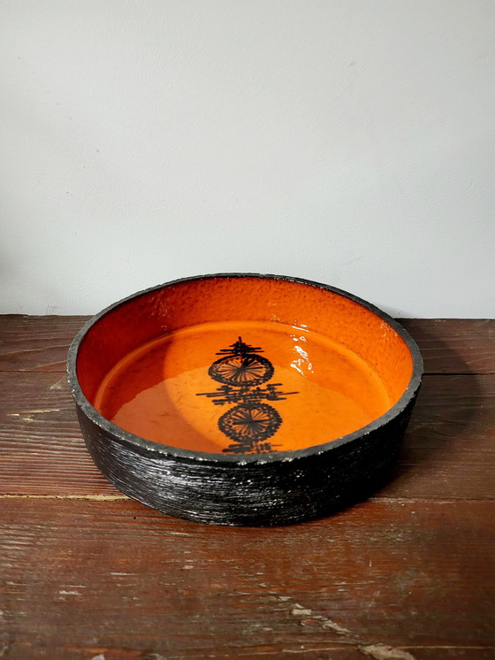 Image 1 of Fat lava bowl ceramic, orange and black glazed, signed at the bottom, 1950s