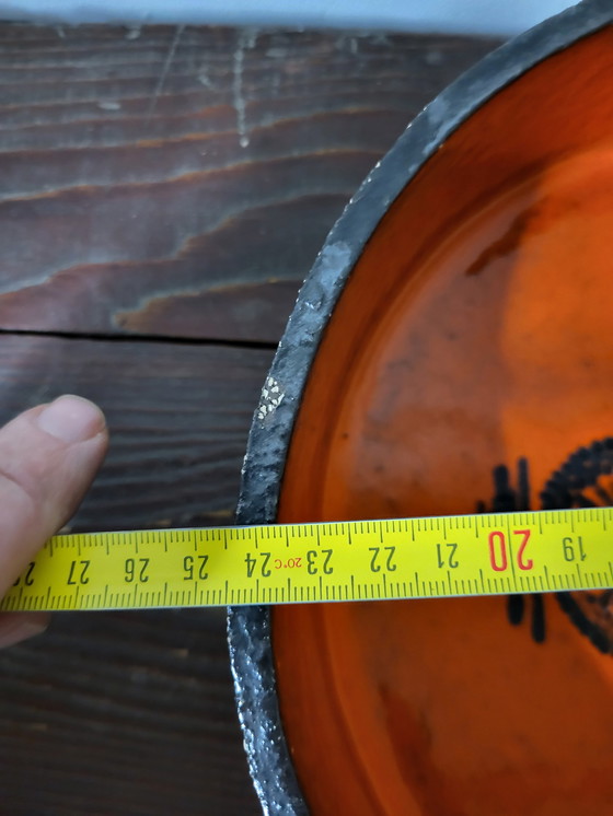 Image 1 of Fat lava bowl ceramic, orange and black glazed, signed at the bottom, 1950s