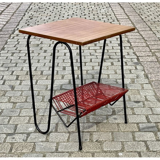 Image 1 of Vintage metal pedestal table and mahogany top, 1970