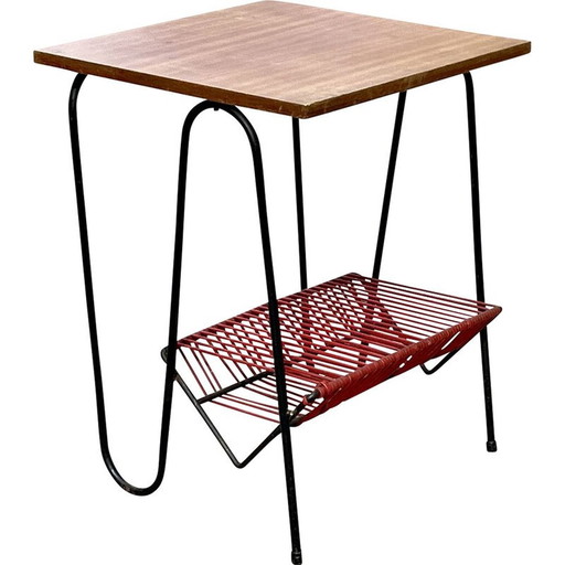 Vintage metal pedestal table and mahogany top, 1970