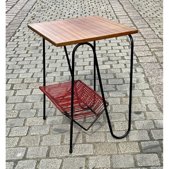 Image 1 of Vintage metal pedestal table and mahogany top, 1970
