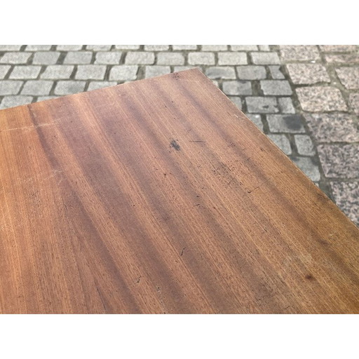 Vintage metal pedestal table and mahogany top, 1970
