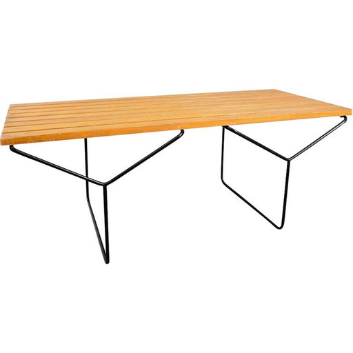 Banco vintage floreado de madera y listones de metal, Alemania, 1960