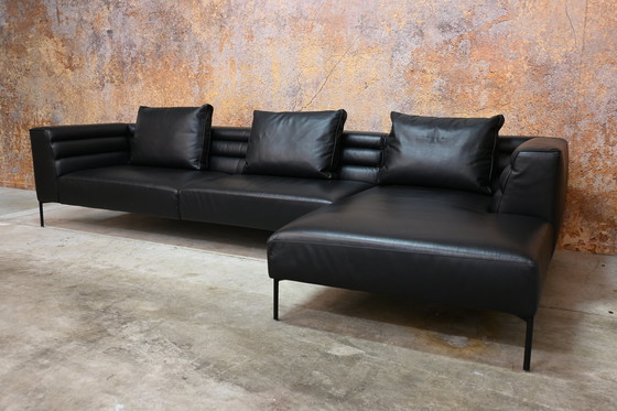 Image 1 of Black Leather Zanotta Corner Sofa Italian Design