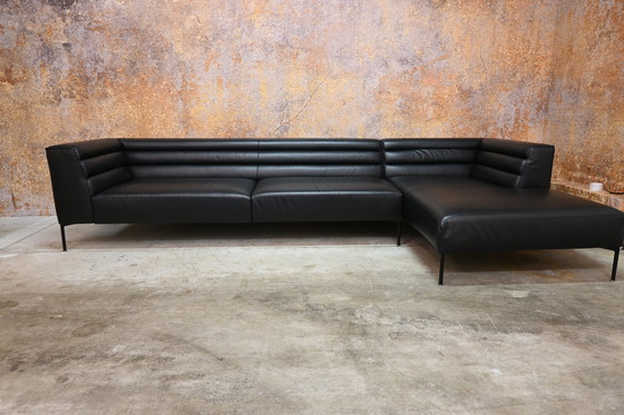 Image 1 of Black Leather Zanotta Corner Sofa Italian Design