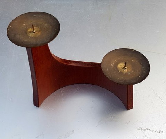 Image 1 of Danish Curved Teak Candleholder For Two Candles, 1960S