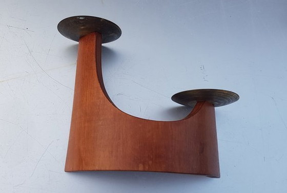 Image 1 of Danish Curved Teak Candleholder For Two Candles, 1960S