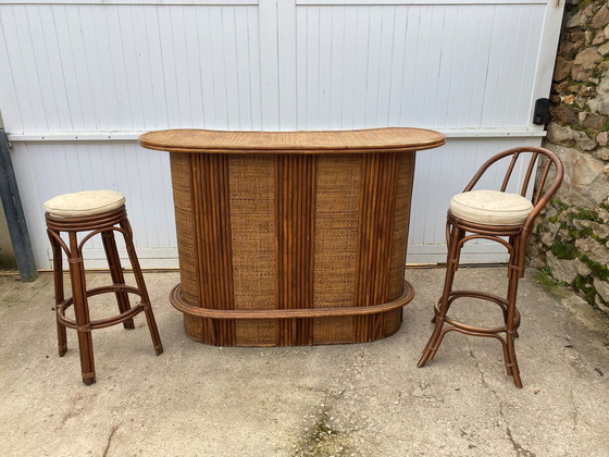 Image 1 of Bancone da bar vintage in rattan e canna degli anni &#39;70