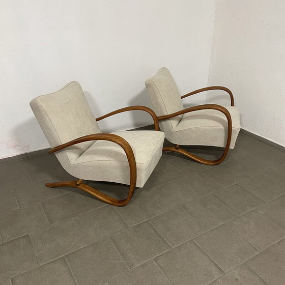 Image 1 of Pair of vintage Halabala H269 armchairs in wood and fabric by Jindřich Halabala for Up Závody, Czechoslovakia 1950