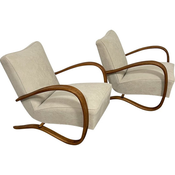Image 1 of Pair of vintage Halabala H269 armchairs in wood and fabric by Jindřich Halabala for Up Závody, Czechoslovakia 1950