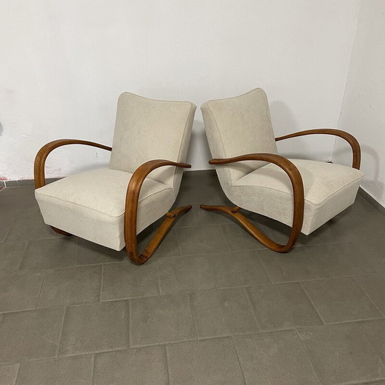 Image 1 of Pair of vintage Halabala H269 armchairs in wood and fabric by Jindřich Halabala for Up Závody, Czechoslovakia 1950