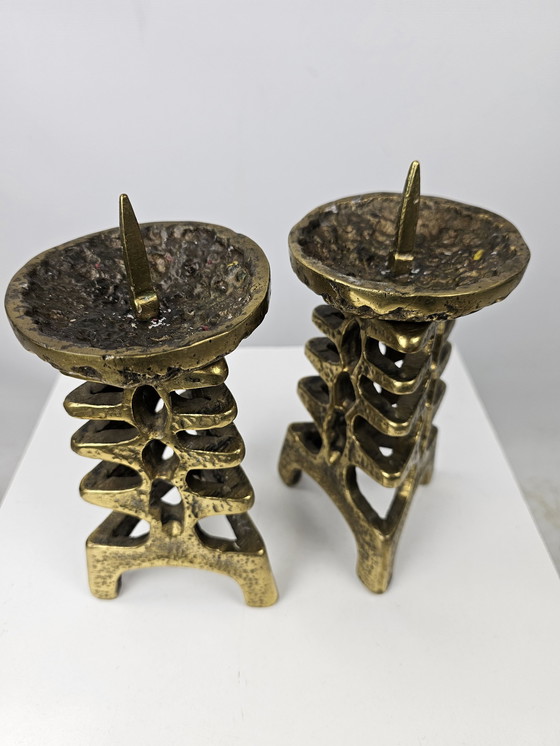 Image 1 of Set of Brass Candlesticks Solid Brutalist