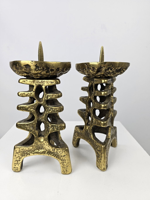 Set of Brass Candlesticks Solid Brutalist