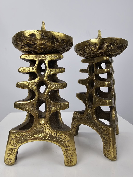 Set of Brass Candlesticks Solid Brutalist