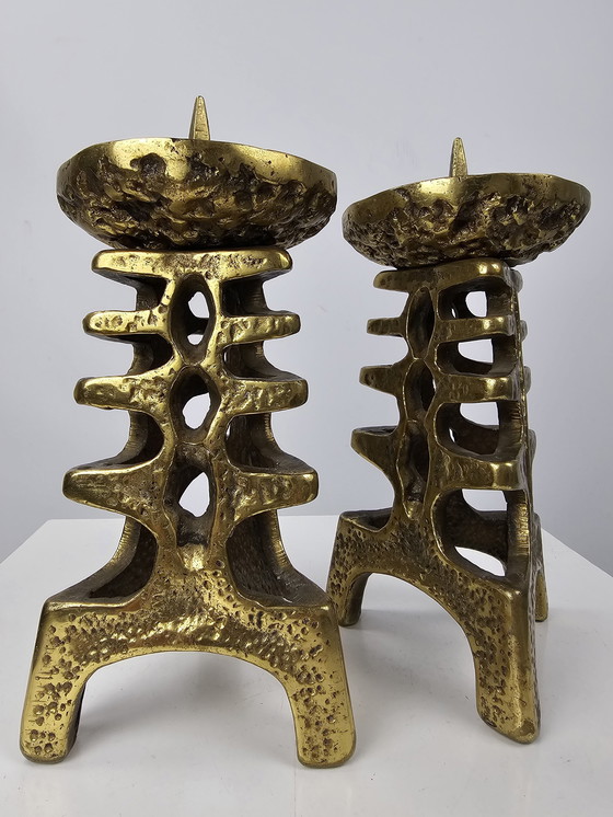 Image 1 of Set of Brass Candlesticks Solid Brutalist