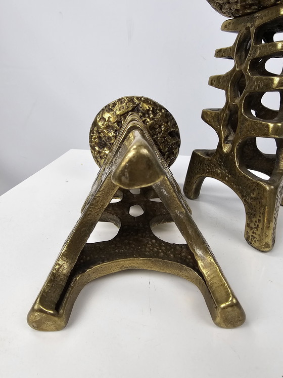 Image 1 of Set of Brass Candlesticks Solid Brutalist