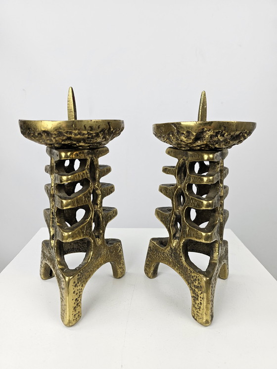 Image 1 of Set of Brass Candlesticks Solid Brutalist