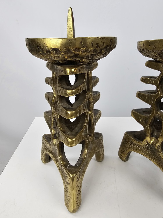 Image 1 of Set of Brass Candlesticks Solid Brutalist